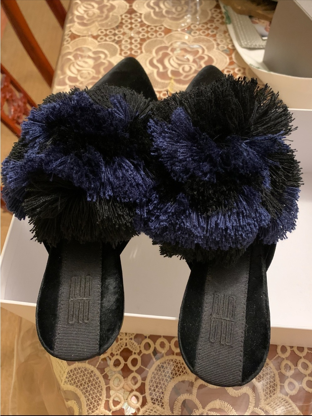 Sanayi 313 Black Velvet Slide Mules with Navy Pom Accents
